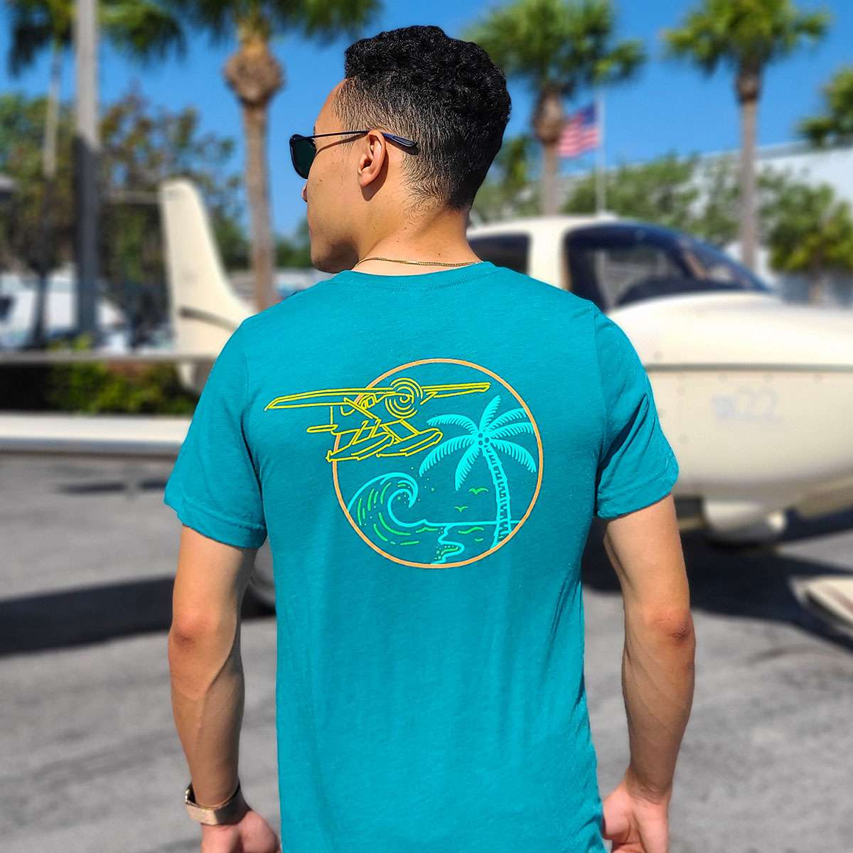 Seaplane Line Art T-Shirt - Teal image 0