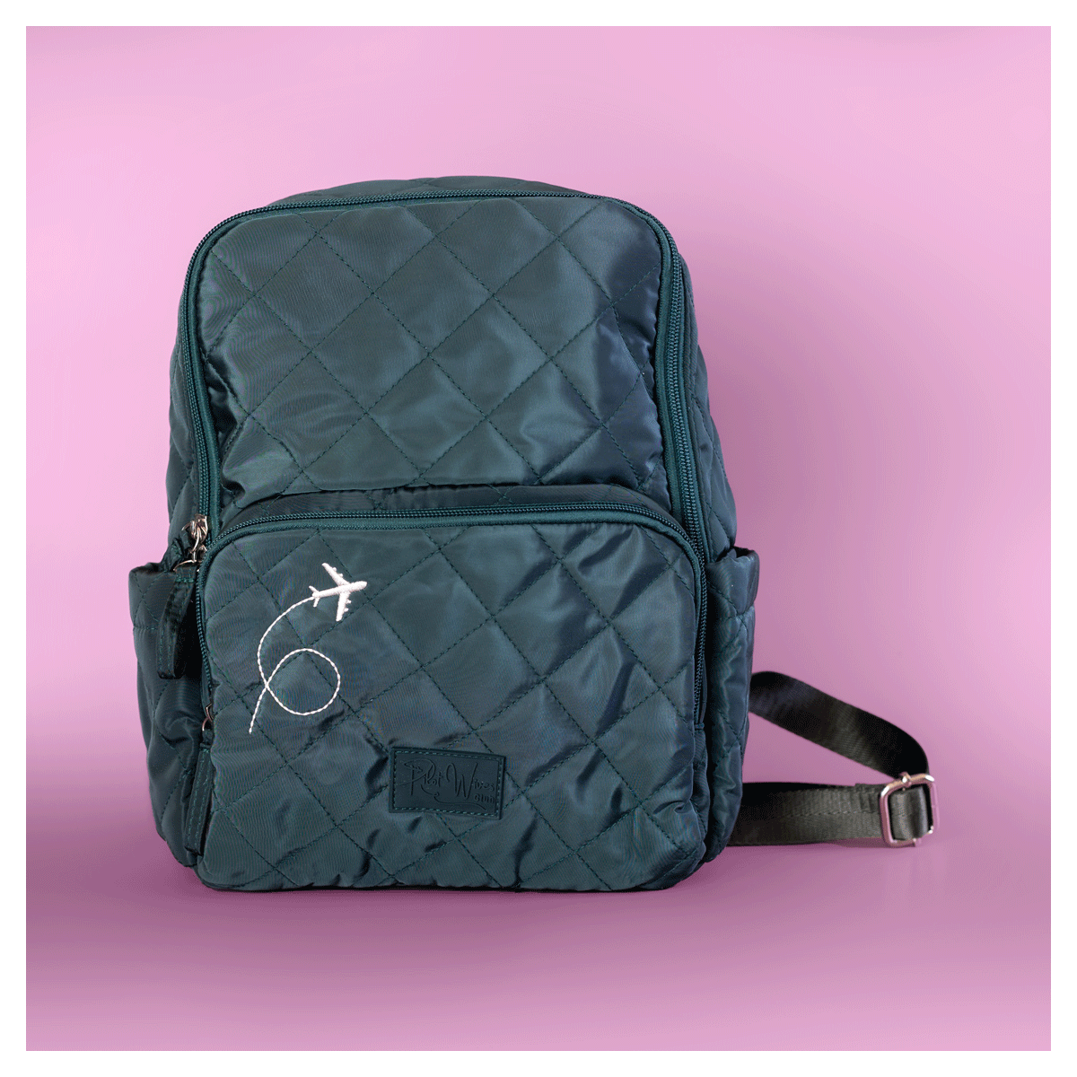 Dark Green Mini Backpack � Quilted Travel Bag with Airplane Detail image 2